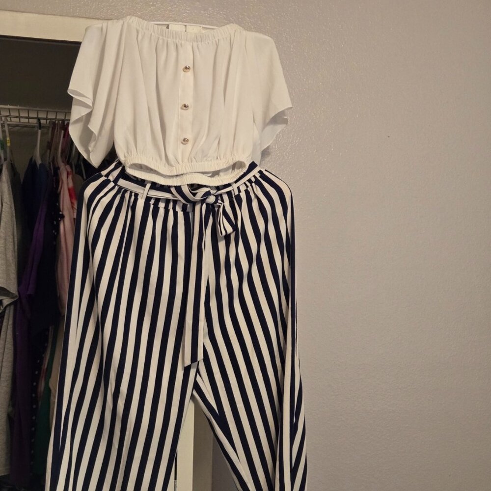 Shein Curve OXL Short White top with Blue Striped Pants